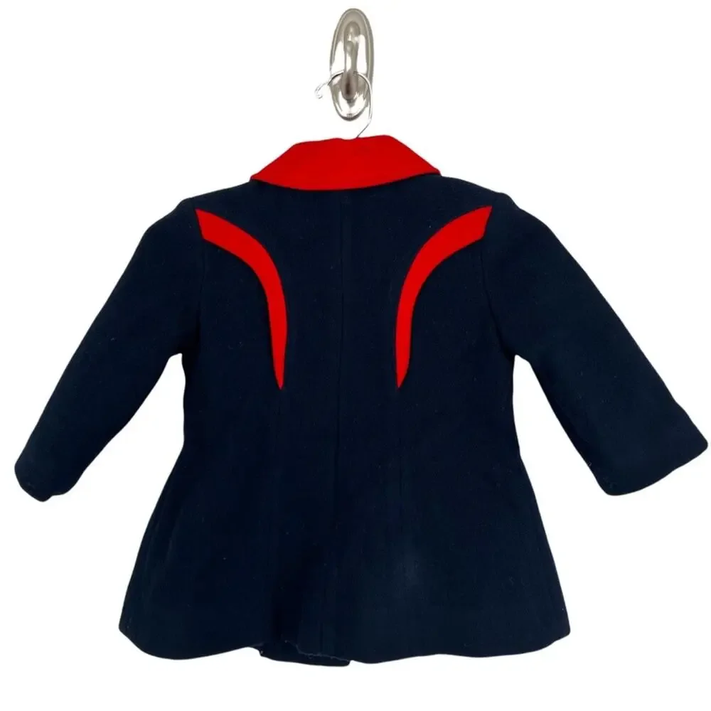 Vtg Rothschild Pea Coat Jacket Wool Navy Blue Red Button Front Union Made Sz S